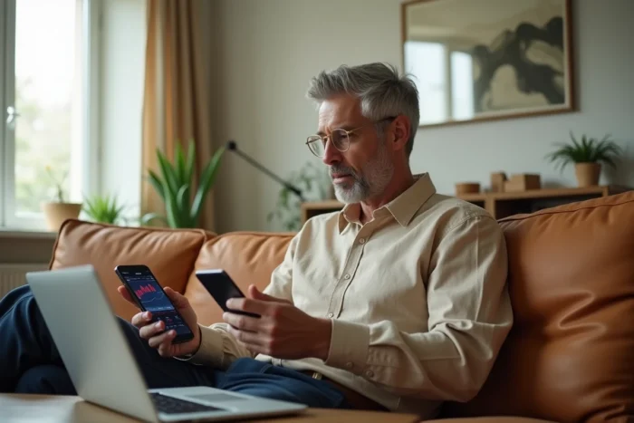 Homme gérant son portefeuille boursier sur smartphone depuis son salon en toute sérénité