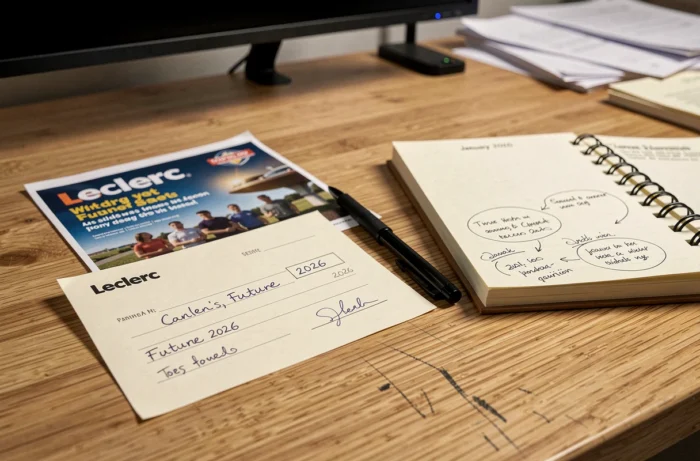 Gros plan d'un chèque différé daté en 2026 posé sur un bureau avec un agenda et une brochure Leclerc