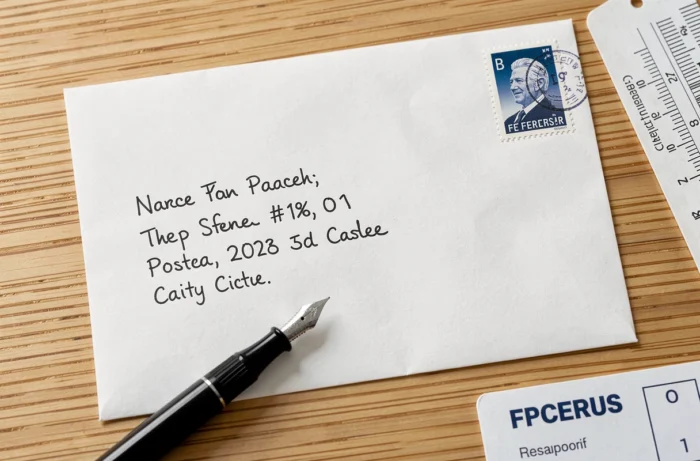 Gros plan sur une enveloppe postale française avec un libellé d'adresse manuscrit soigneusement structuré