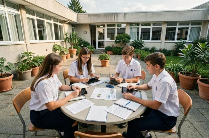 Un groupe d'adolescents en uniforme scolaire collaborent sur un projet éducatif dans une cour extérieure