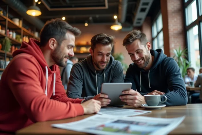 Groupe d'amis sportifs discutant des actualités sportives autour d'une tablette dans un café urbain