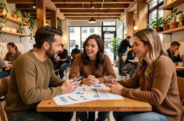 Groupe de personnes discutant de tendances sociétales actuelles autour d'une table de café avec des infographies et des smartphones