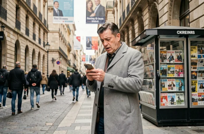 Homme lisant les actualités tendances sur son smartphone dans une rue animée d'une ville européenne