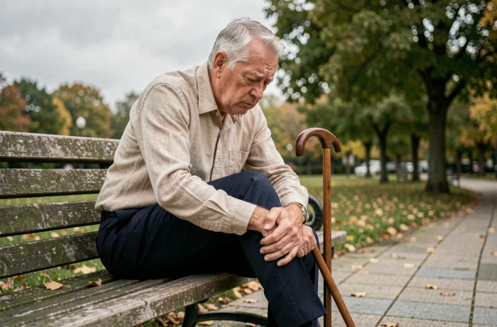Homme âgé assis sur un banc de parc se tenant le genou douloureux avec une canne