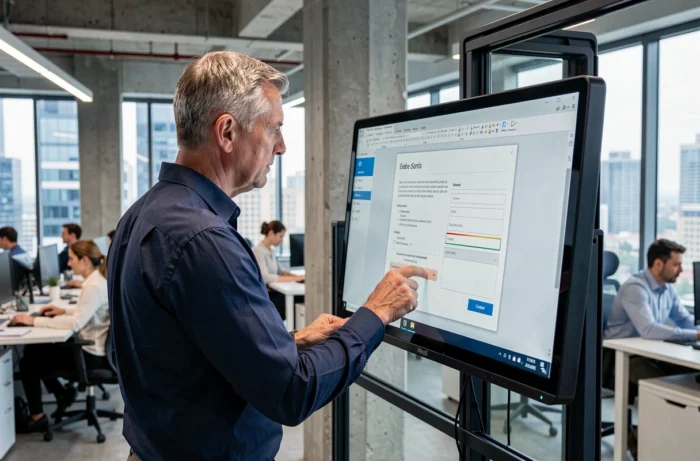 Homme en bureau d'entreprise utilisant un écran tactile pour créer et modifier un document PDF interactif avec une application en ligne