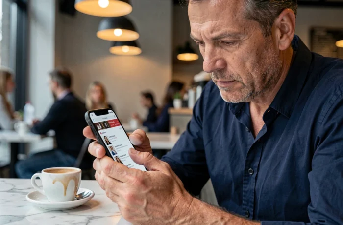 Homme consultant les informations de contact d'un site de shopping sur son smartphone dans un café