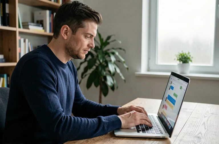 Homme tapant sur un ordinateur portable avec une interface de chat IA affichée à l'écran dans un bureau à domicile