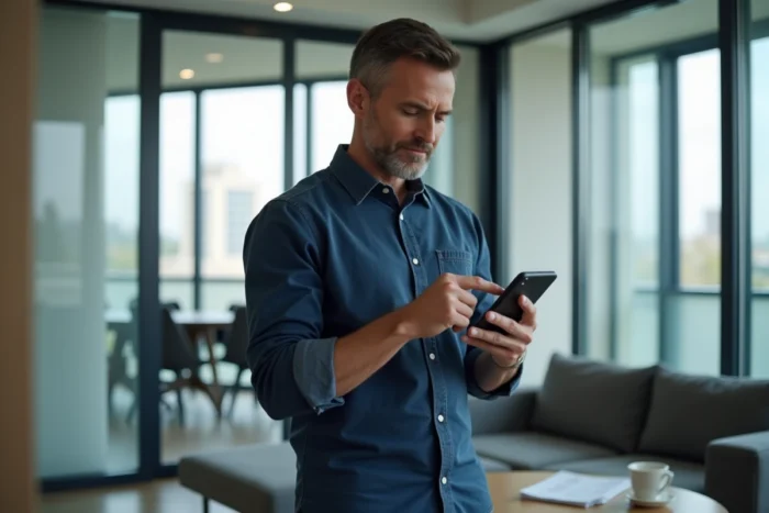 Homme consultant son smartphone pour résoudre une panne de l'application MyFoncia dans un appartement moderne