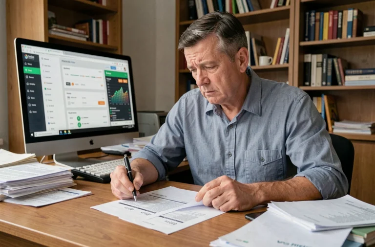 Homme inquiet examinant des relevés bancaires négatifs à son bureau à domicile