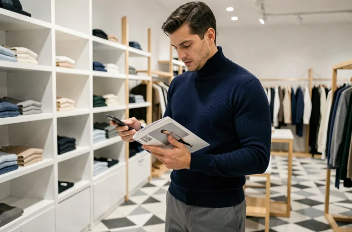 Homme consultant le lookbook et les services de Fashion Collection dans une boutique de mode minimaliste