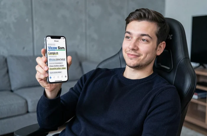 Homme consultant les options de mise en forme de texte sur Discord depuis son smartphone dans son salon