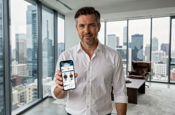 Homme en chemise blanche consultant un site de vente en ligne de montres de luxe sur smartphone dans un appartement moderne