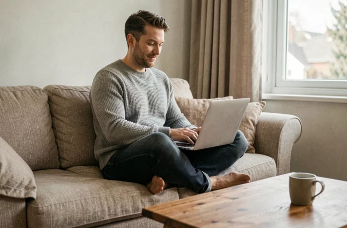 Homme cherchant un emploi en ligne sur son ordinateur portable depuis chez lui