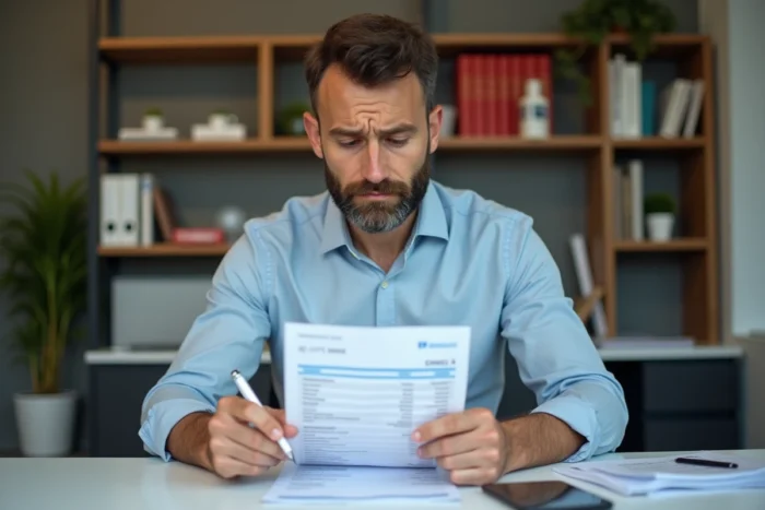 Homme analysant un relevé de compte Banque Postale papier pour comprendre un prélèvement inconnu