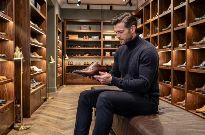 Homme en pull cachemire inspectant une chaussure oxford en cuir dans un magasin de chaussures de luxe au décor en bois et laiton