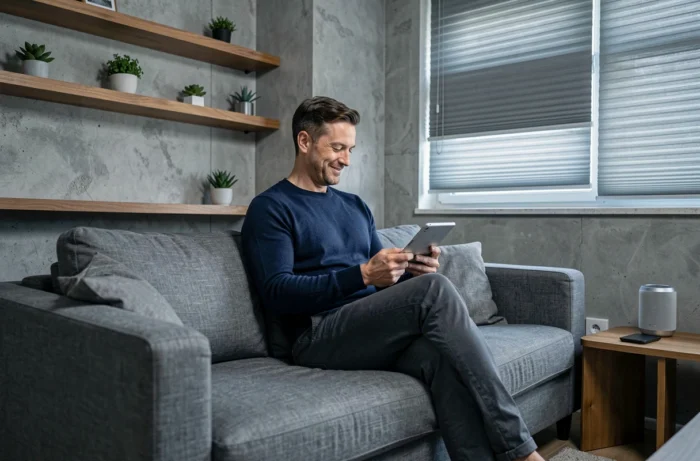 Homme contrôlant les appareils connectés de sa maison via une tablette dans un salon moderne