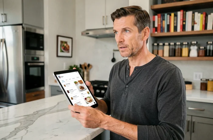 Homme explorant le plan de navigation d'un site de recettes gratuites sur une tablette dans une cuisine contemporaine
