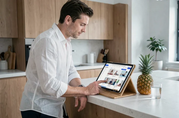 Homme consultant la navigation du site Ananas Et Asanas sur une tablette dans une cuisine moderne au style scandinave