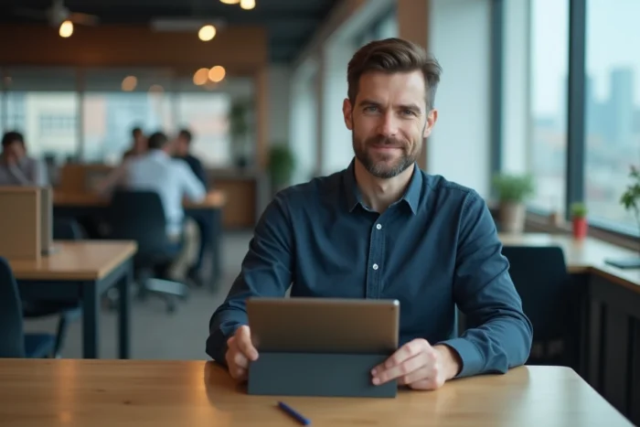 Homme consultant une plateforme de location immobilière sur tablette dans un espace coworking