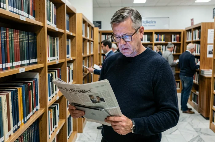 Homme vérifiant des sources d'information dans une bibliothèque publique en comparant journal imprimé et tablette numérique