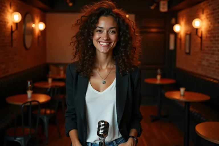 Humoriste française souriante sur scène dans un cabaret parisien avec microphone vintage