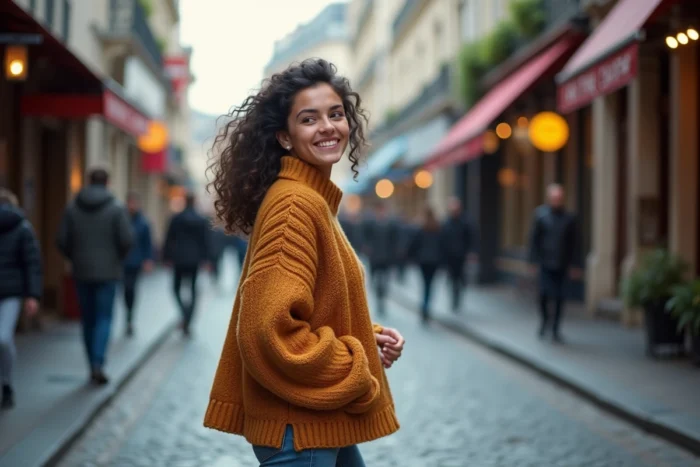 Jeune humoriste souriante marchant dans une rue pavée de Paris en tenue décontractée