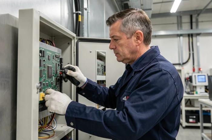 Ingénieur inspectant un tableau électronique industriel dans une usine de fabrication moderne