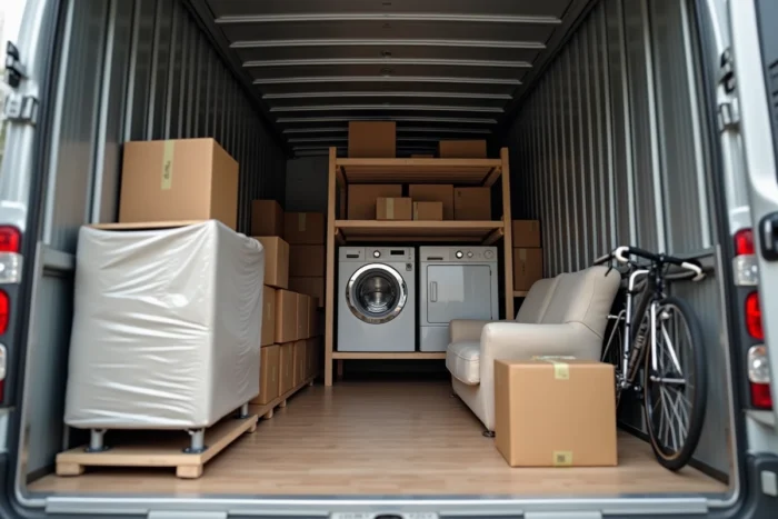 Intérieur d'un camion 16 m3 rempli de meubles et cartons organisés pour un déménagement