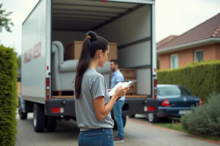 Femme vérifiant l'inventaire de déménagement devant un camion de location 16 m3 dans une allée pavillonnaire