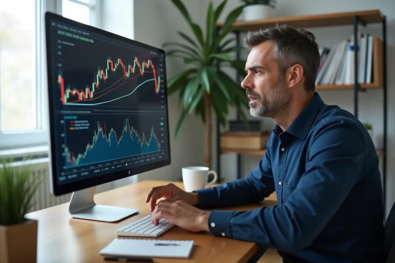 Homme analysant des graphiques boursiers sur un ordinateur dans un bureau à domicile moderne