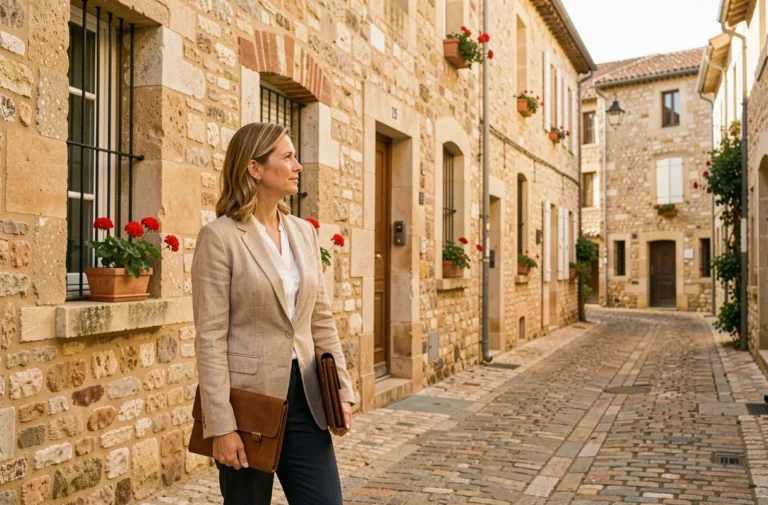 Investisseuse immobilière devant une maison en pierre traditionnelle dans les rues de Pézenas