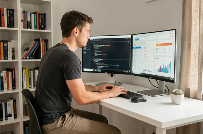 Jeune entrepreneur travaillant sur des solutions digitales innovantes dans un bureau à domicile minimaliste