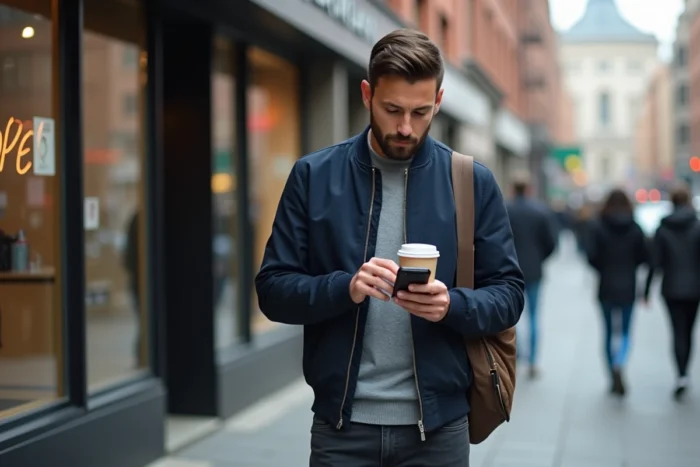 Jeune entrepreneur urbain consultant son téléphone devant une boutique en ville