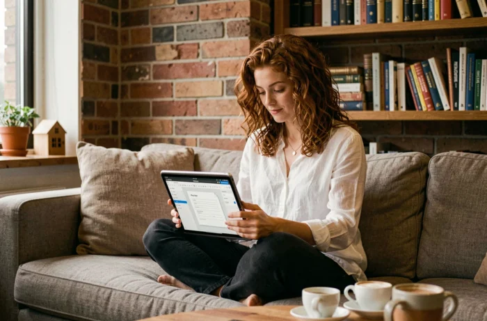 Jeune femme assise dans un café utilisant une tablette pour créer un formulaire PDF interactif avec une application en ligne