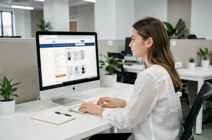 Jeune femme accédant à la page de contact d'un site shopping sur un ordinateur de bureau en open space