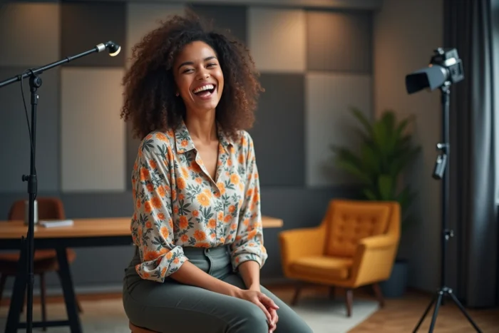 Jeune humoriste en plein fou rire dans un studio de télévision ou podcast moderne