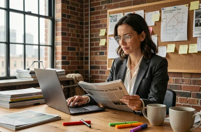 Femme journaliste analysant les tendances sociétales sur un ordinateur portable dans un bureau éditorial moderne entouré de magazines et de coupures de presse