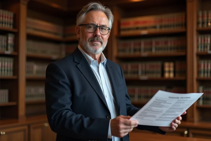 Juriste tenant un document législatif sur la réglementation des noms de domaine dans une bibliothèque juridique professionnelle