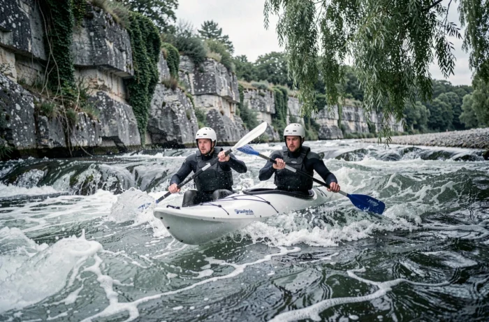 Deux kayakistes en combinaison naviguant dans les rapides de l'Ourthe en Belgique