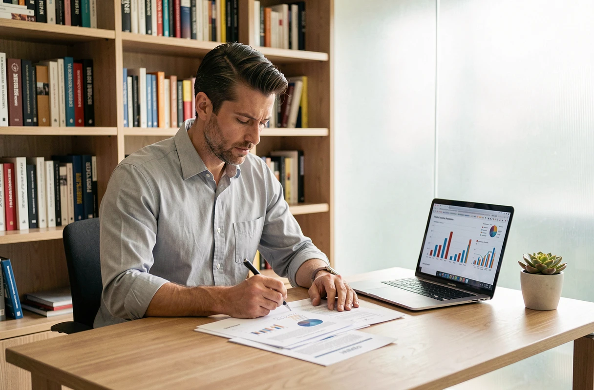 Manager analysant des rapports d'amélioration continue à son bureau dans un bureau privé calme