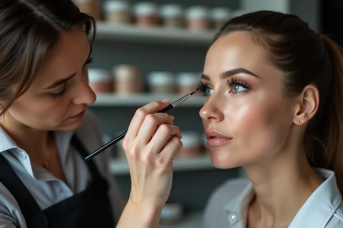 Maquilleuse professionnelle appliquant un ricil sur les cils d'une cliente en studio beauté