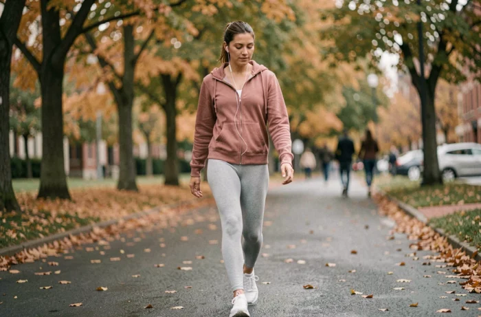 Jeune femme marchant dans un parc en automne pour prendre soin de sa santé et de son bien-être au quotidien
