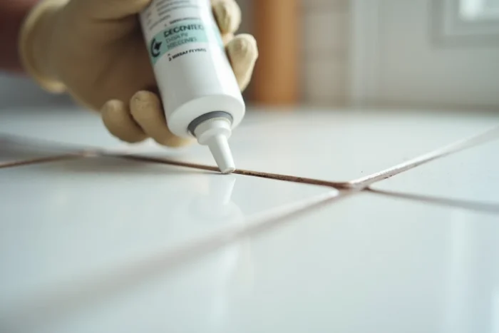 Application au pistolet d'un mastic sanitaire hybride dans un joint fin entre une crédence carrelée et un plan de travail blanc stratifié dans une cuisine