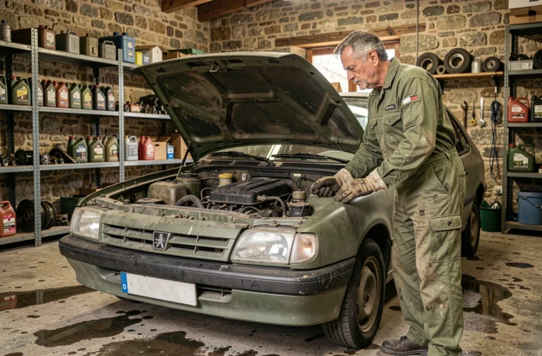 Mécanicien inspectant le moteur d'une Peugeot P4 réformée dans un atelier rural français