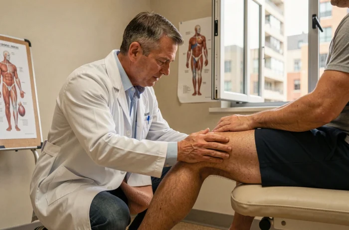 Médecin du sport palpant le genou d'un patient pour diagnostiquer un kyste