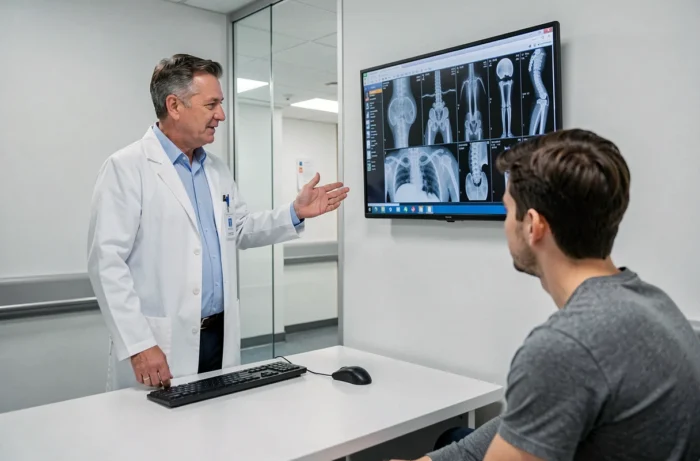 Médecin expliquant des radiographies numériques à un patient dans un cabinet hospitalier moderne