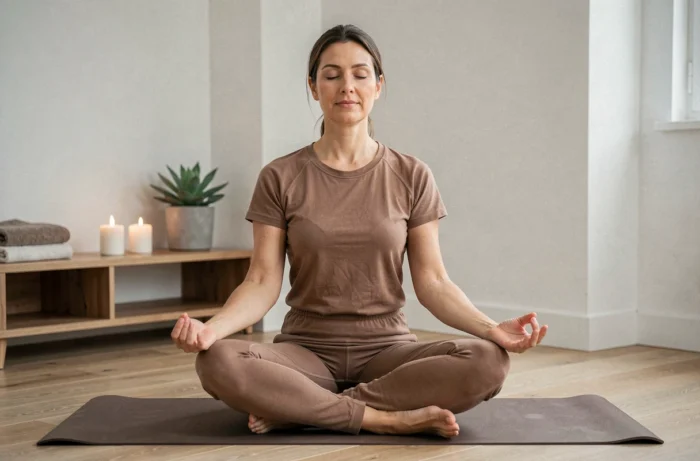 Femme en posture de méditation sur un tapis de yoga dans un salon minimaliste pour illustrer le bien-être et la santé mentale