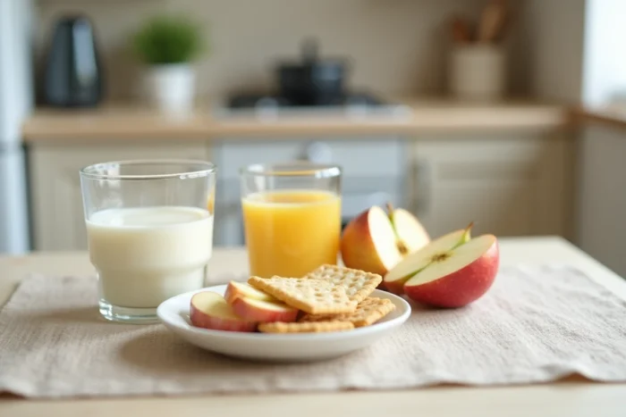 Préparation de petits repas autorisés avant une coloscopie incluant yaourt nature, jus de pomme et compote, disposés sur une table de cuisine