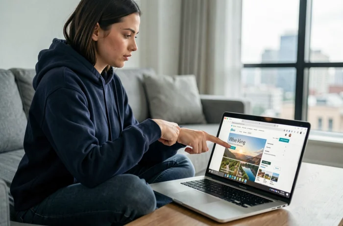Femme utilisant la navigation privée sur son ordinateur portable pour réserver un vol sans dynamic pricing