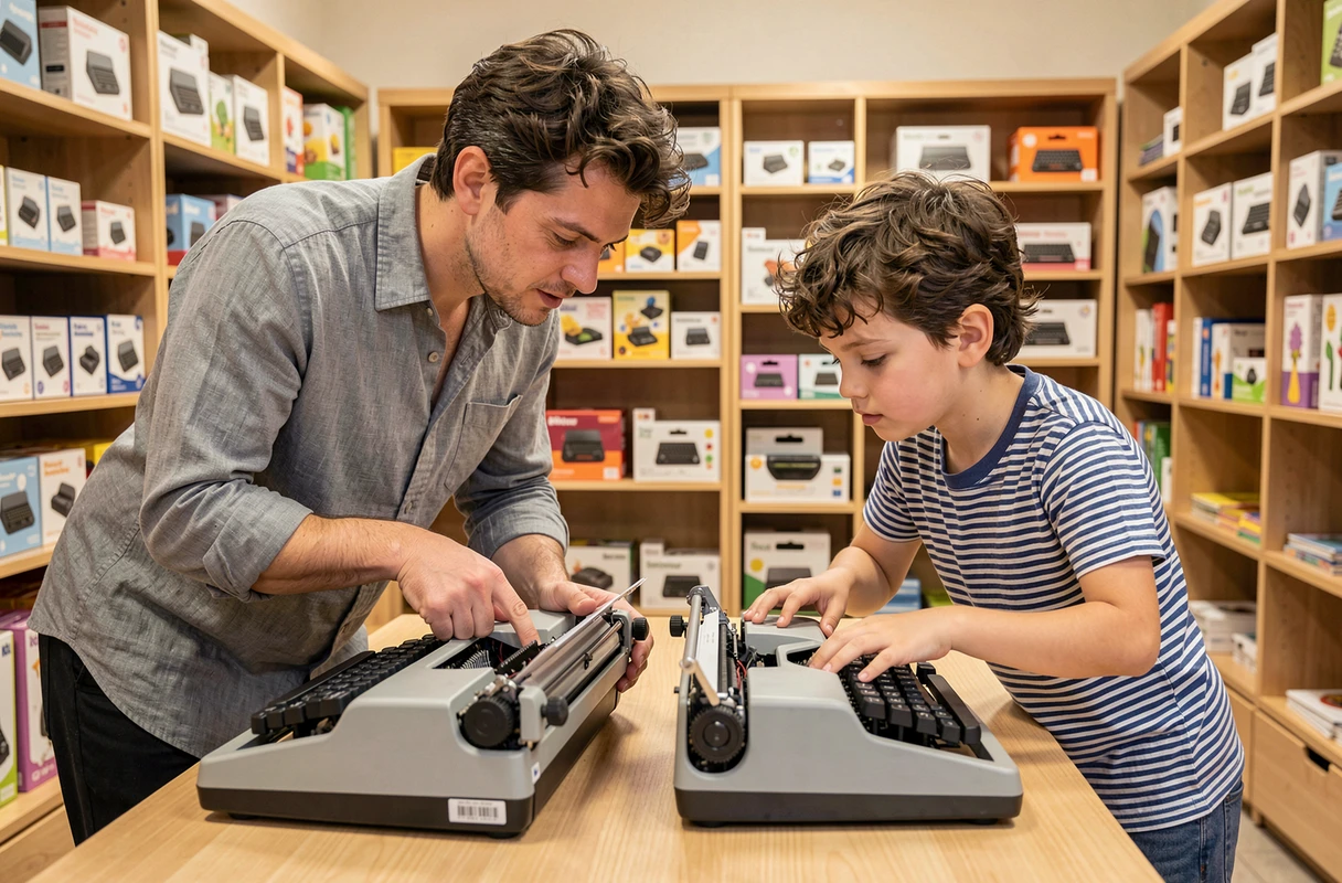 Parent et enfant comparant deux machines à écrire pour enfants dans un magasin de jouets